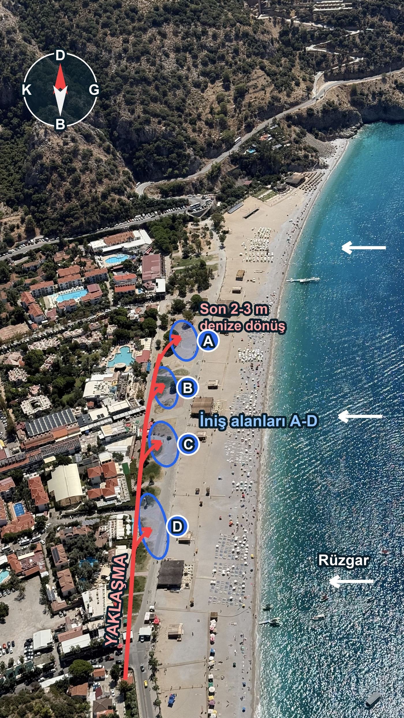 Belcekız iniş alanları A, B, C ve D ile yaklaşma hattı, havadan görünüm