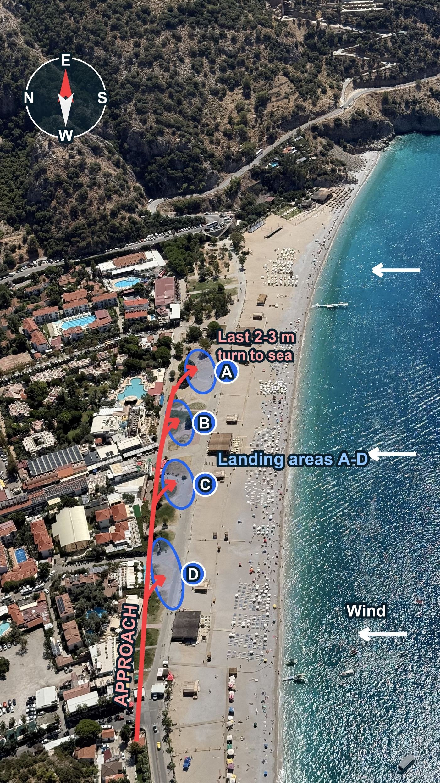 Belcekız landing areas A to D with the approach line, seen from the air